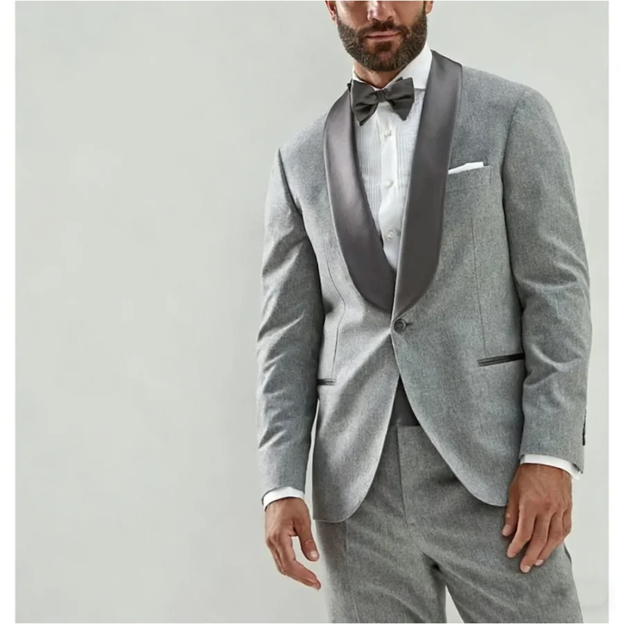 Grey Suits For Men One Button Shawl Lapel Tuxedos Wedding Groom Wear Business Prom Party Formal Custom Blazer Set 2 Pieces