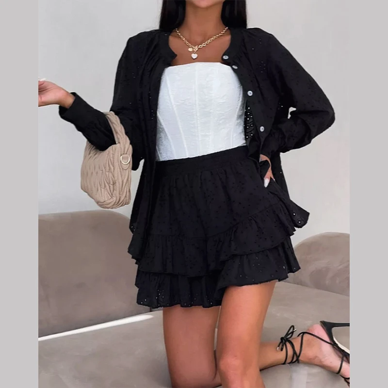 

Casual Hollow Out Shorts Set Women's Solid Long Sleeve Jacquard Lantern Sleeve Shirts Ruffle Short Pants Summer Lady Suit
