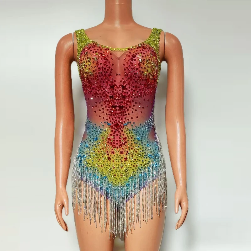 Bunte Strass Fransen Body Frauen Party Jazz Dance Kleidung Bar Dj Ds Party Drag Queen Outfit Gogo Kostüm XS9550