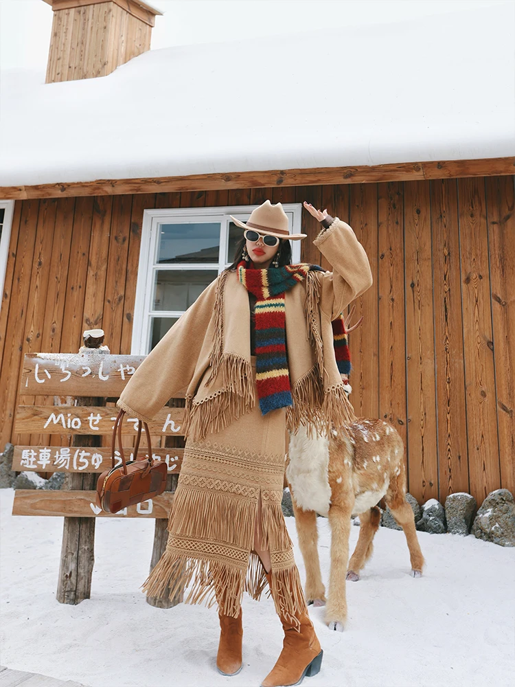 TIYIHAILEY Long Maxi Women High Waist Skirts Autumn Brown Lady Solid Color Skirt And Long Sleeve Tops Set Tassels Cardigans