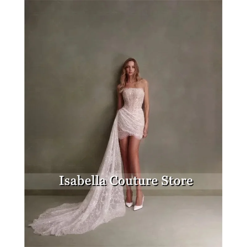 Glitter Ivory Mini Wedding Dresses Lace Sleeveless Pleats Bridal Gowns Sequined Coacktail Wedding Party Gowns Customized