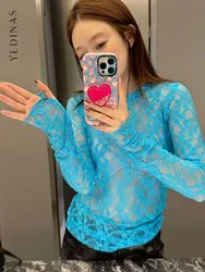 Yedinas Black Hollow Out Lace T Shirt Women Clothes Sheer See Through Collocation Tshirts Korean Fashion Y2k Slim Tees Tops Chic