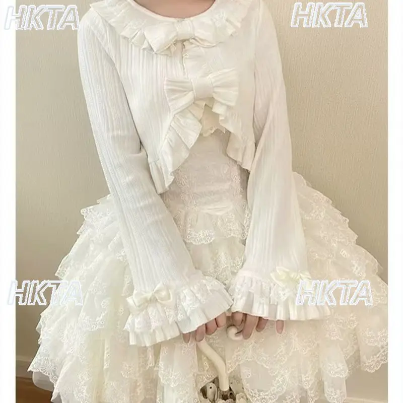 

2025 Autumn New Lolita Crew Neck Bow Sweet Short Knitted Cardigan Women Elegant Pleated Horn Long Sleeves Pink Sweater Girls