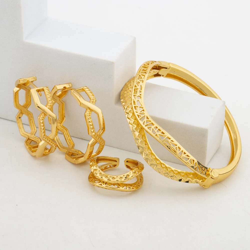 

Hoop Earrings and Bangle Ring Set for Dubai 18k Gold Color Earrings Weddings Engagement Earrings Bracelet Jewelry Ethiopian Gift