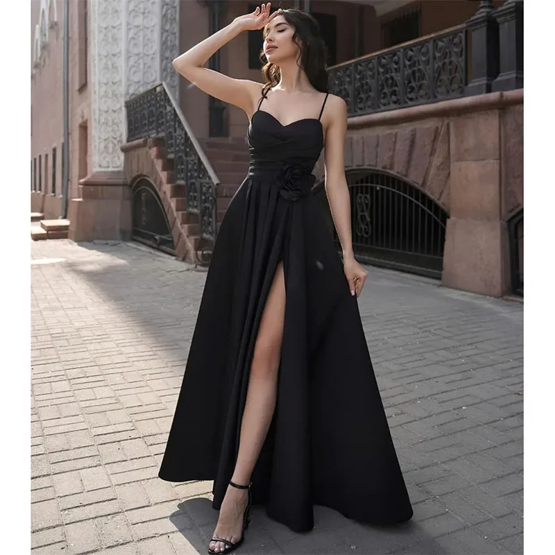 

Vintage Long Black Satin Evening Dresses A-Line Sweetheart Spaghetti Pleated Prom Dress Floor Length Party Dresses for Women