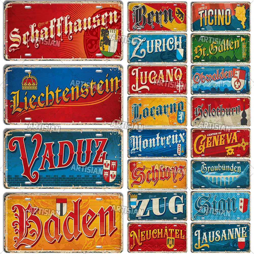 Artisian SWISS Landmark License Plate City Metal Tin Plaque Car Metal Sign Wall Decor Garage Bar Pub Club Hotel Cafe Kitchen