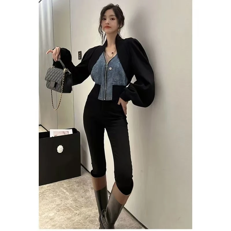 تصميم تحسس المتخصصة الأسود الدنيم خياطة طويلة الأكمام معطف قصير المرأة الربيع والخريف التوابل فتاة وهمية اثنين من سترة القمم