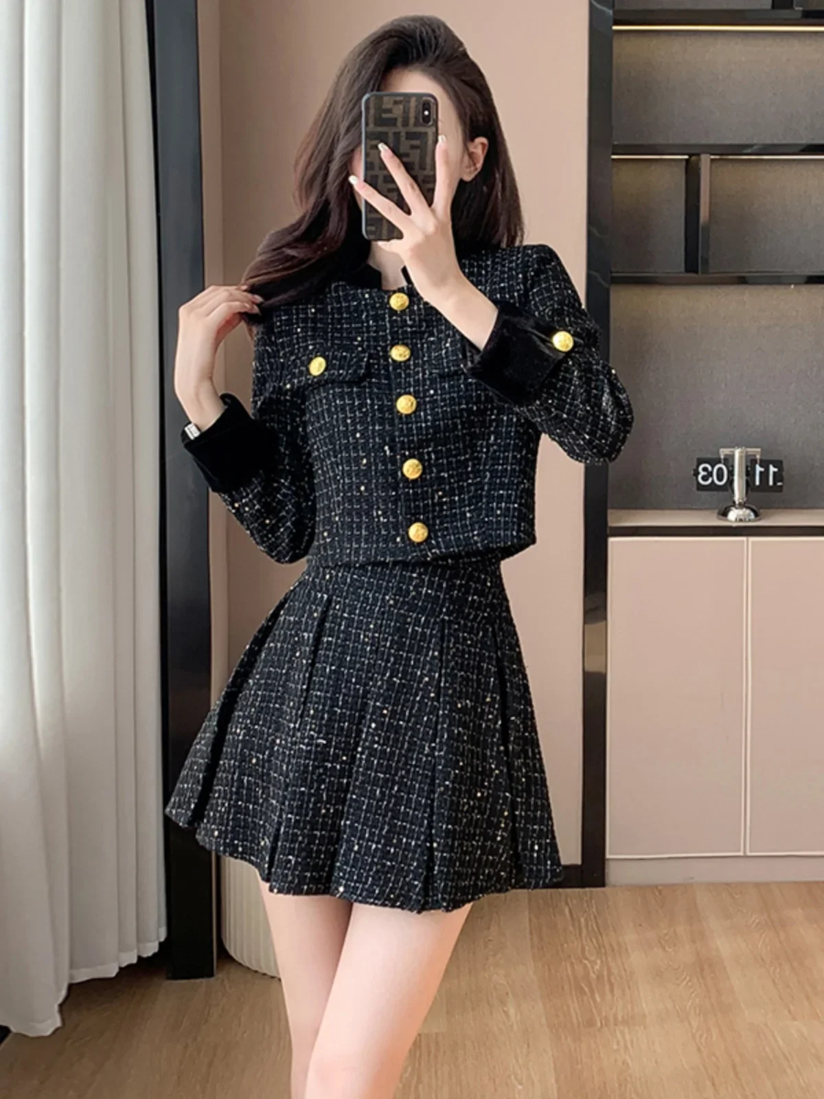 

2024 Autumn and Winter New Women's Elegant Suit Jacket Casual Office Lady Coat Top Short High Waist Pleated Skirt Two-piece Set