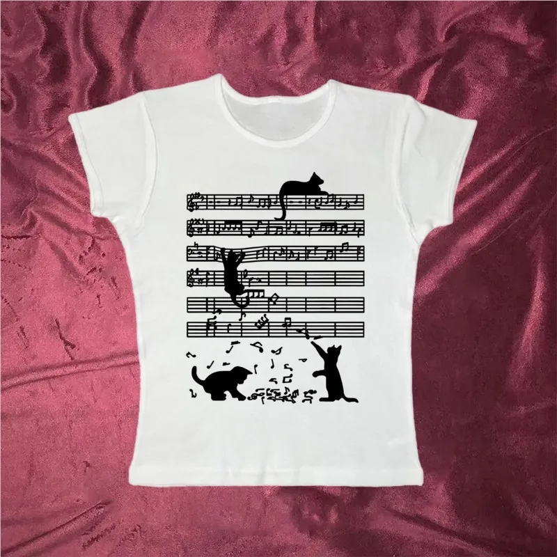 Funny Cat Playing Music Note Clef Musician Print T-Shirts Graphic Casual Streetwear Short Sleeve Birthday Gifts Women Clothes