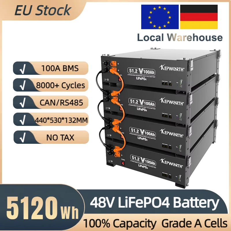 

48V 100Ah LiFePO4 Battery Built-in 100A BMS Max. 5120W Power Output 8000+ Cycles for Solar System, Off-Grid Applications No Tax