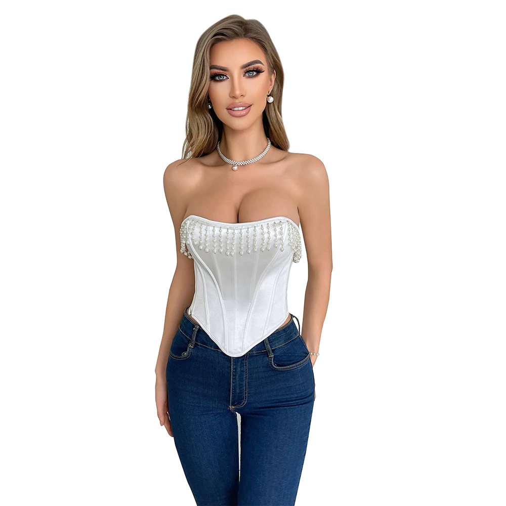 

Fashion Overbust Corset Sexy Strapless Cropped Bustier Top Beads and Pearls Tassel Korset