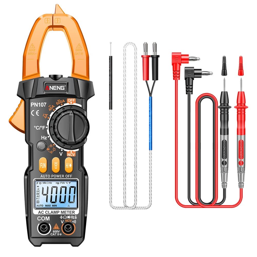 Digital Clamp Meter Voltmeter Ammeter NCV Multimeter Diode Temperature Frequency Ohm Capacitance Tester 4000 Counts LCD Display