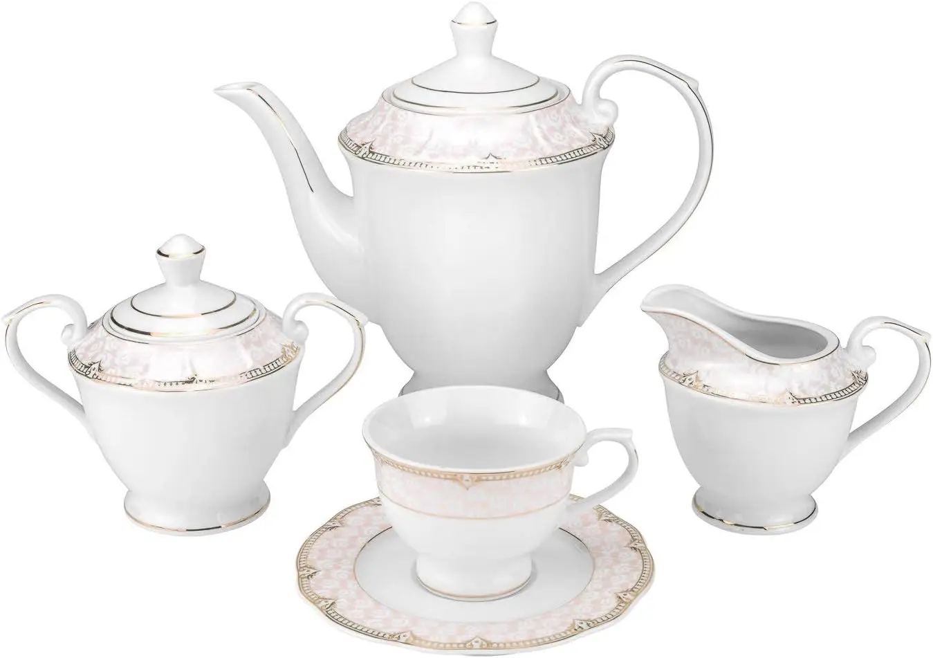 Royalty Porcelain Antique 57-pc Dinnerware Set 'Sandra Pink Gold', Fine Porcelain