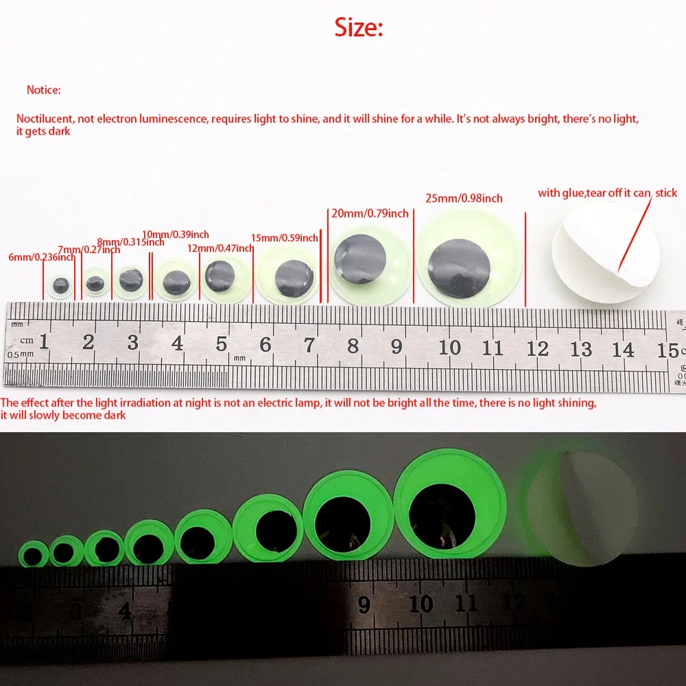 6mm-25mm Glow in The Dark Wiggle Googly Eyes Self Adhesive Plastic Green Sticker Luminous Eyes for DIY Crafts Halloween Decor