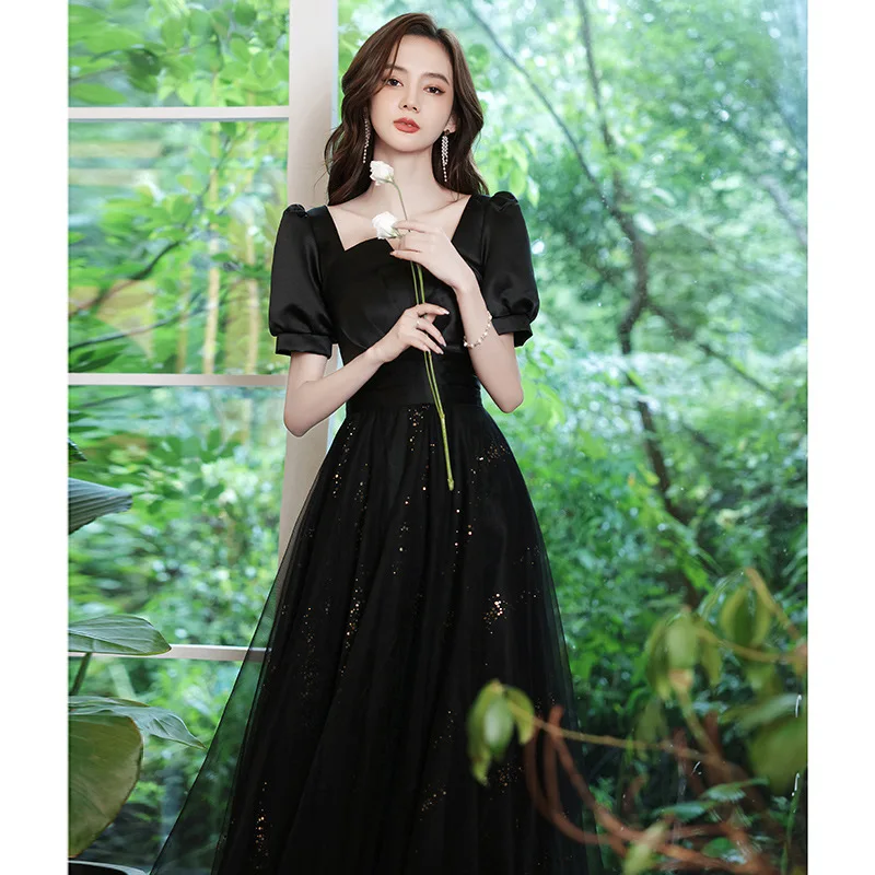 หรูหราชุดราตรีสีดำ Vintage สแควร์คอเลื่อม Tulle A-Line ค็อกเทลปาร์ตี้ Gonws สำหรับสตรี