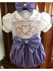 0-3Y Boy Summer Flower Purple Smocked Outfit Suit