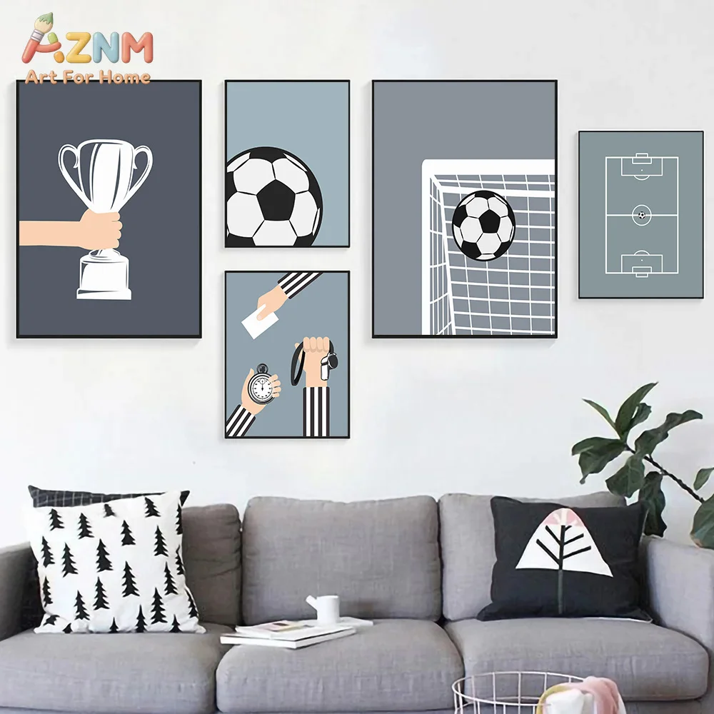 AZNM Minimalist Soccer Basketball Canvas Wall Art Sports Court Ball Graphic Print Frameless Canvas Painting Boys Bedroom Nursery