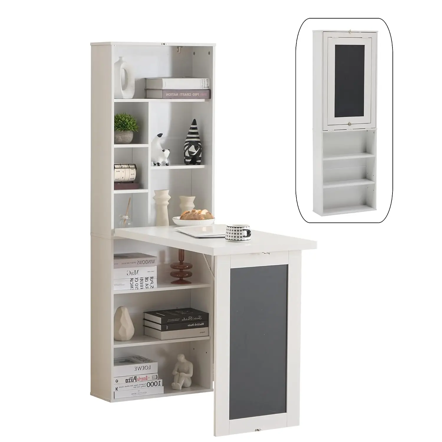 Folding Wall Mounted Desk with Storage Shelf & Blackboard, Space-Saving Convertible Table for Home Office, White, Customized