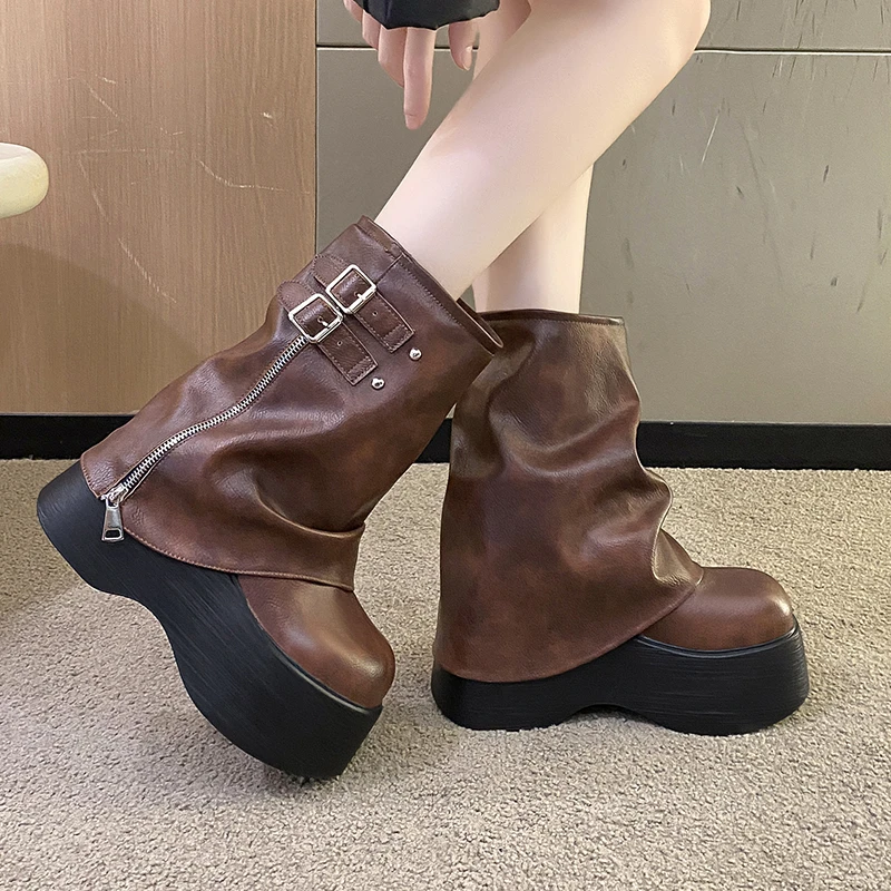 Soft Leather Ankle Mid Calf Boots Winter Autumn High Platform Wedge British Booties Woman New Ladies Chunky Motorcycle Boots 9CM