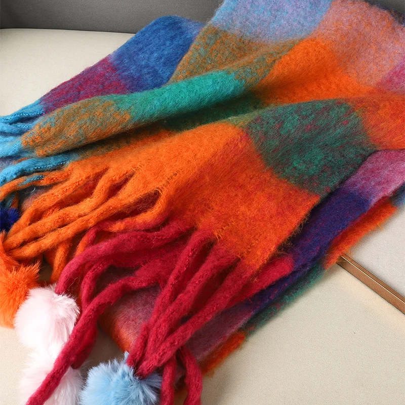 Luxe Geruite Sjaal Winter Warm Kasjmier Vrouwen Haarbal Pashmina Foulard Vrouwelijke Sjaals Dame Kwastje Sjaal Wraps 2023 Ontwerp Nieuw