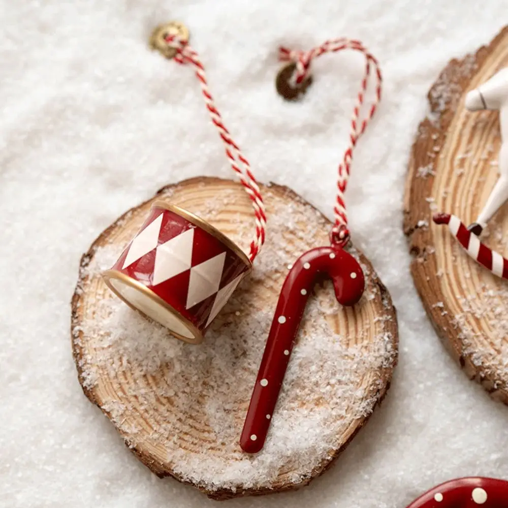 Decoração de Natal Multicolorida para Pendurar, Enfeites Nórdicos em Formato de Desenho Animado (Bengala, Tambor, Coração, Estrela, Sino), Pingentes Dupla Face