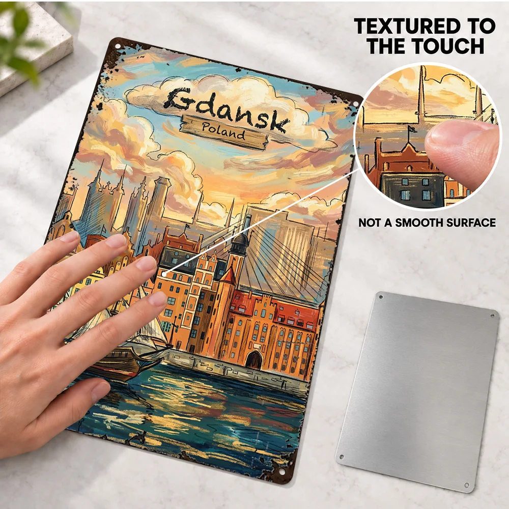 Gdansk Poland Waterfront Cityscape Printed Poster Personalized Aluminum Metal Sign Detailed Illustration Wall Art For Entryway