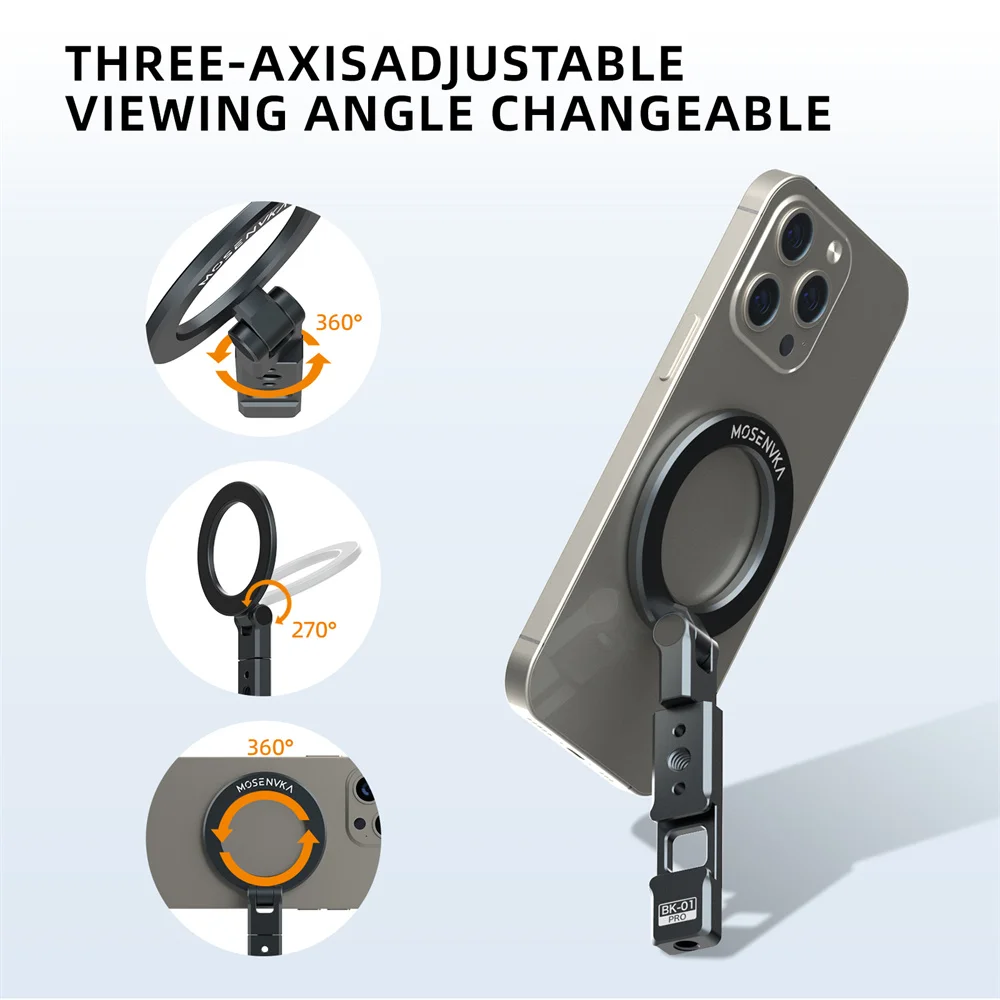 

360° Rotation Magnetic Phone Holder w 1/4"-20 ColdShoe 3-AIXS Adjust Phone Bracket for Magsafe iPhone Android Tripod Video Vlog