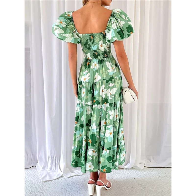 ABRT-Women's Summer Casual Midi Dress Puffy Short Sleeve Square Neck Smocked Tiered Ruffle Dresses