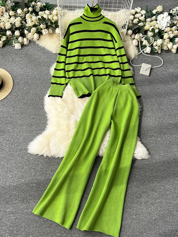 

Croysier Loose Casual Striped Turtleneck Knit Pullover Sweater 2 Piece Set Women Outfit High Waist Wide Leg Pants Matching Sets