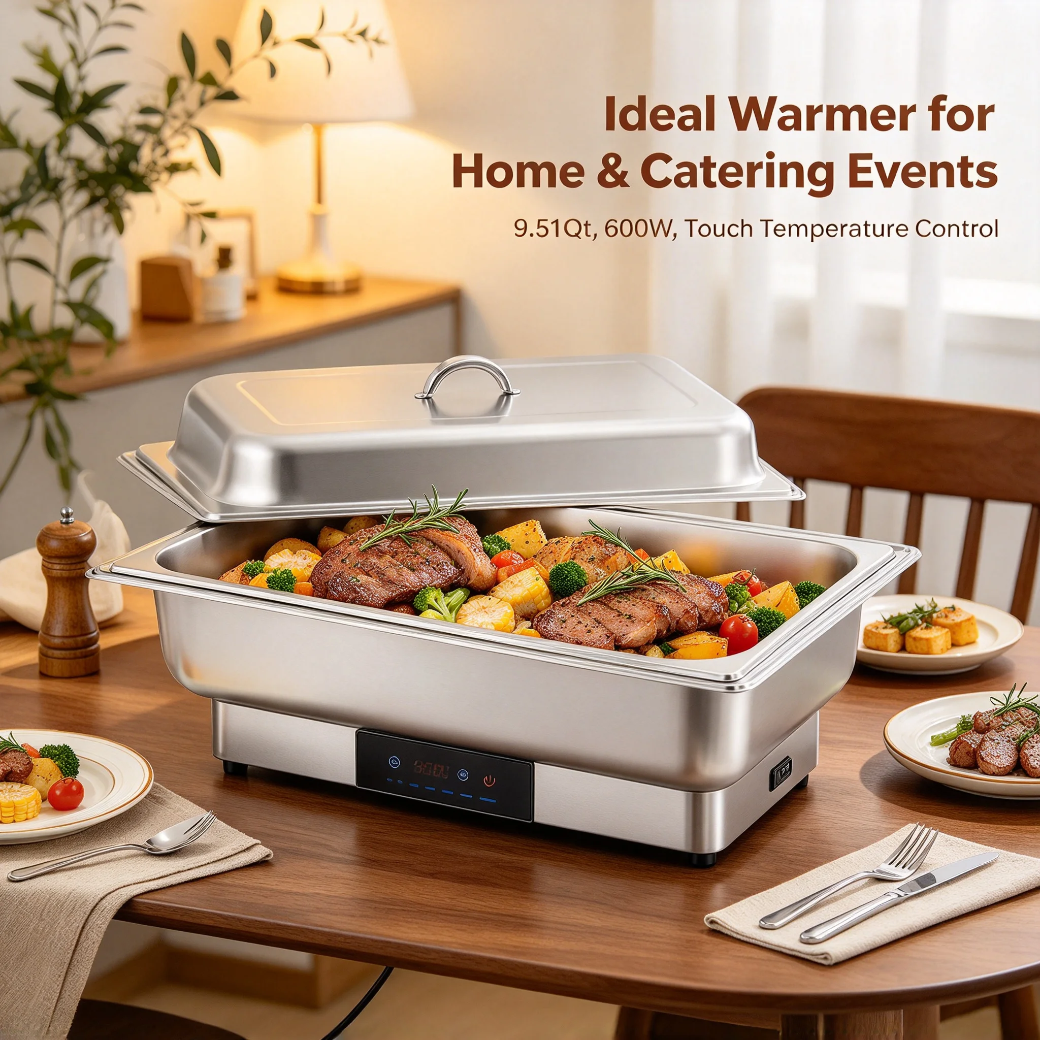 Electric Chafing Dish Buffet Set 9.51Qt Stainless Steel Food Warmer with Touch Screen Temperature Control 95-194°F, 600W Heating Plate for Parties Banquets Catering