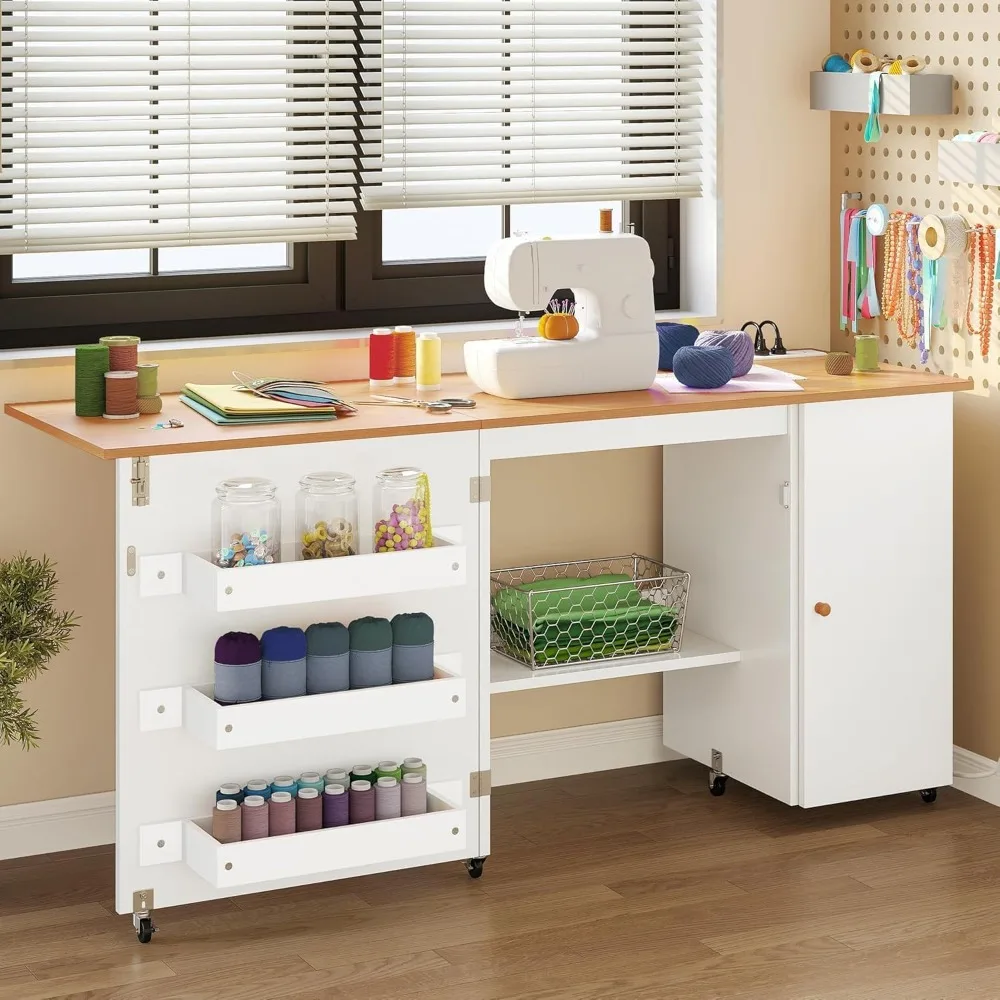 Folding Sewing Table with Charging Station, Storage & Lockable Casters for Craft Rooms