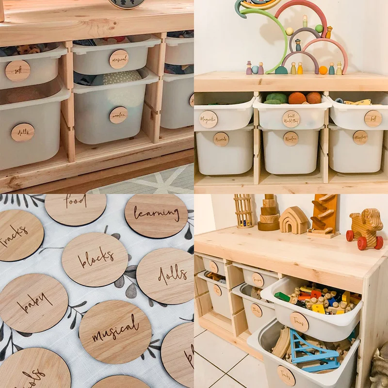 Caja organizadora de juguetes de madera personalizada, suministros de oficina, etiquetas de regalo con número de habitación, etiquetas de