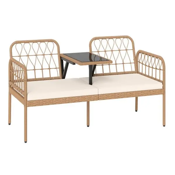 2-Seat outdoor PE rattan double sofa with tempered glass coffee table for patio and garden