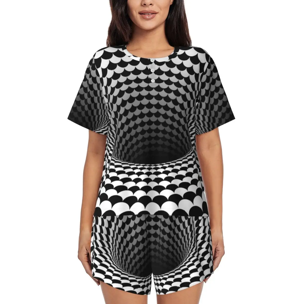 

Ночная рубашка с круглым вырезом и короткими рукавами с эффектом оптической иллюзии, женский свободный пижамный комплект с короткими штанами