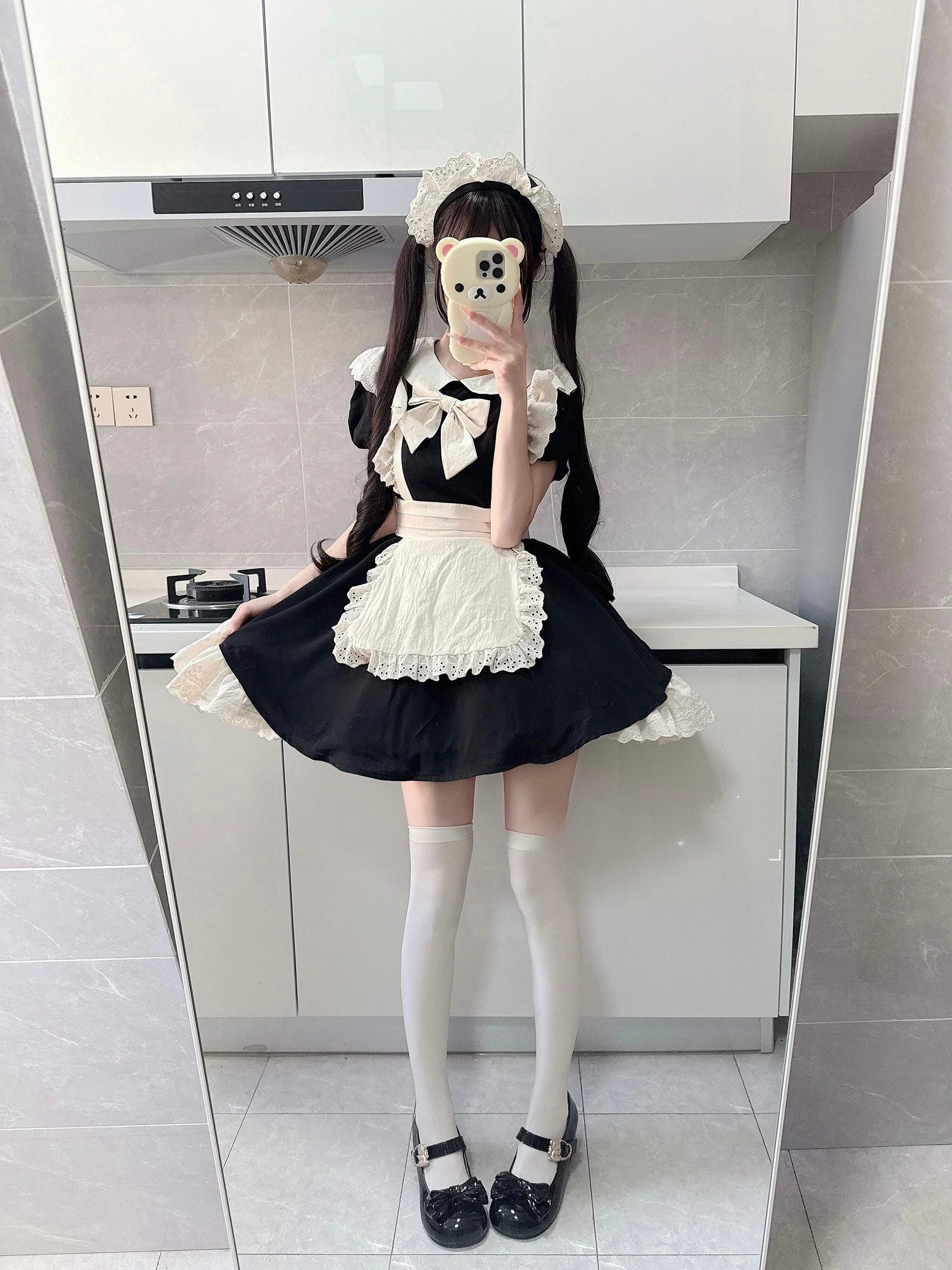 

Miaomiao Early Black White Maid Sweet Cute Girl's Short Lolita Dress Princess Style Lace Short Sleeve A-Line Skirt Daily Wear