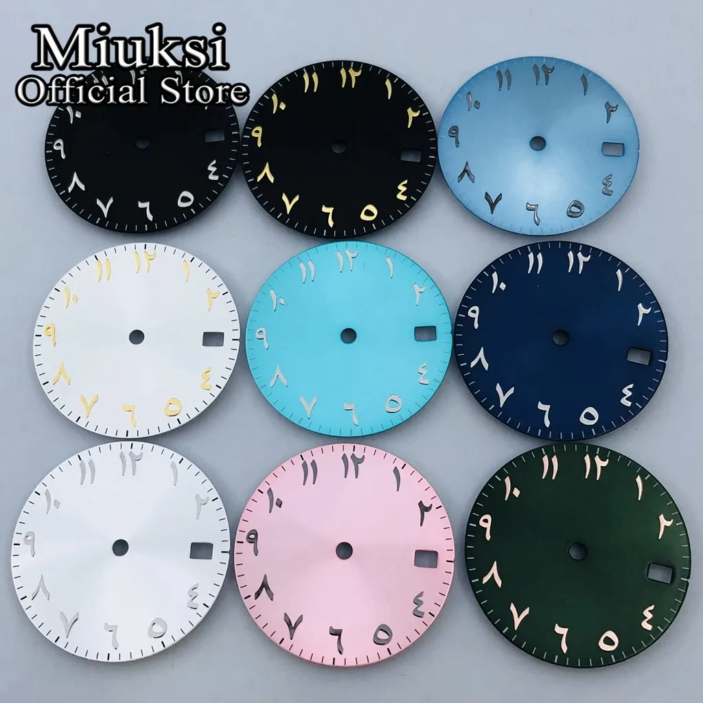 Miuksi 28.5mm silver black blue green sterile watch dial fit NH34 NH35 movement fit 3 o\'clock crown 3.8 o\'clock crown