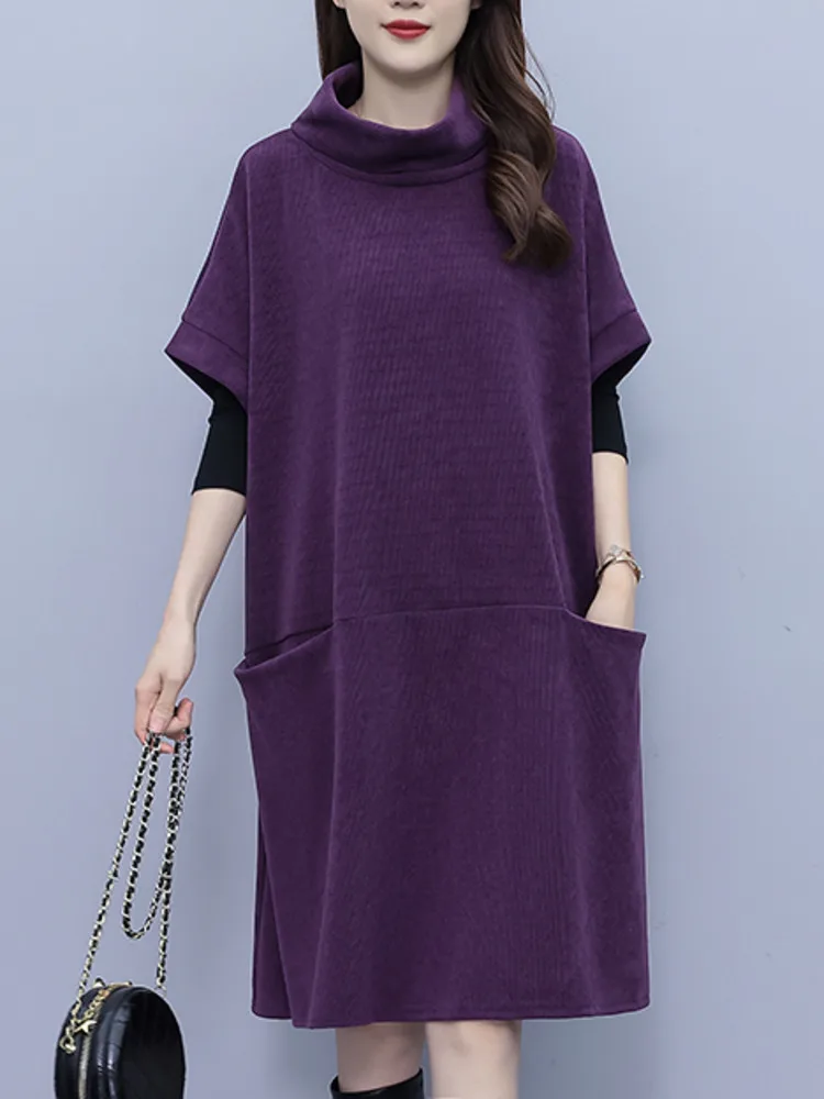 #7969 Autumn Winter Purple Turtleneck A-line Dress Raglan Sleeve Split Joint Pockets Elegant Pockets Korean Fashion Loose