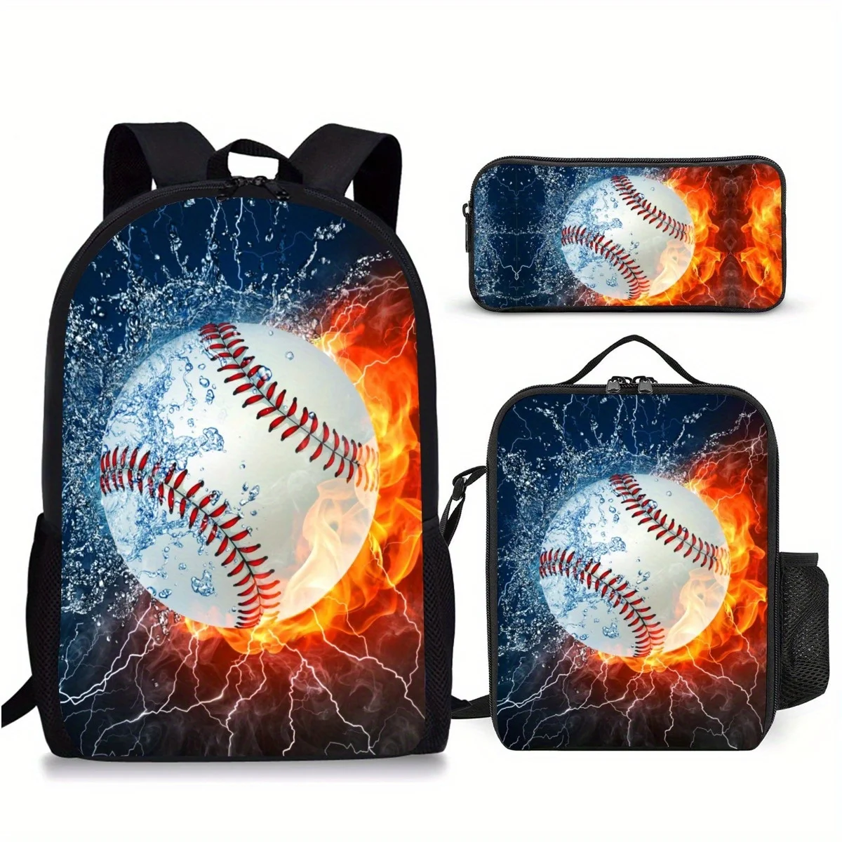 

3pcs Baeball Backpack with Pencil Case Lunch Box for Christmas Birthday Gifts 17Inch Lightweight Sports Themed Bookbag