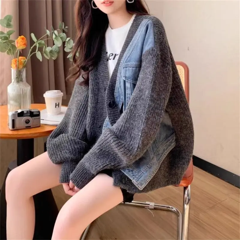 Denim Patchwork Knitted Cardigan Coat Women Autumn Winter V Neck Long Sleeve Button Casual Loose Knitted Sweater Jacket Female