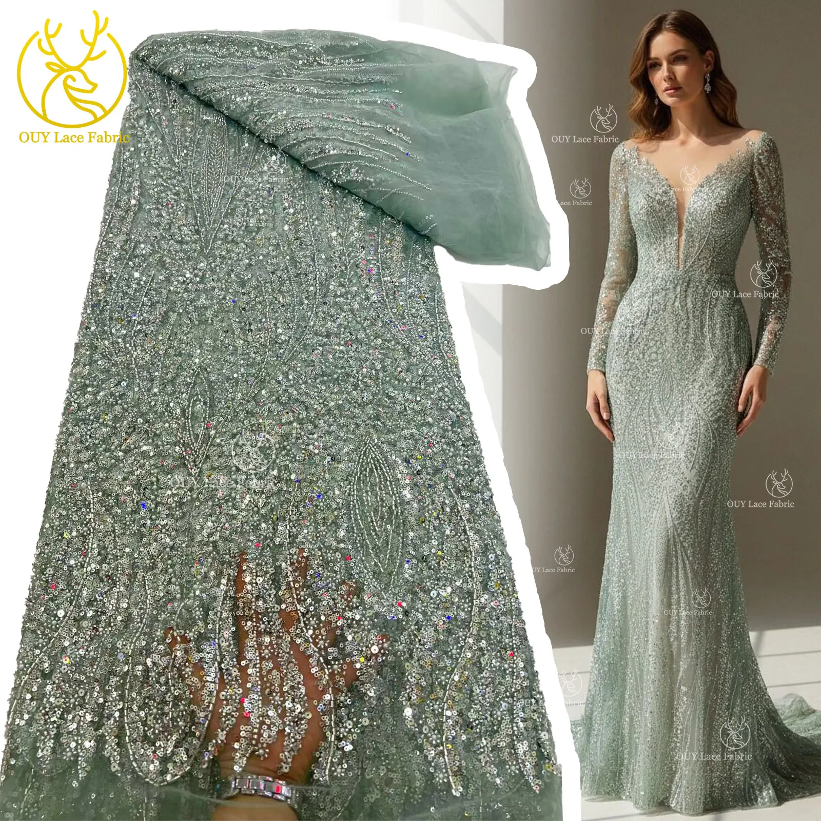 Newest African Groom Beaded Lace Fabric 2026 High Quality Royal French Sequin Lace Fabric for Women's Wedding Evening Gowns