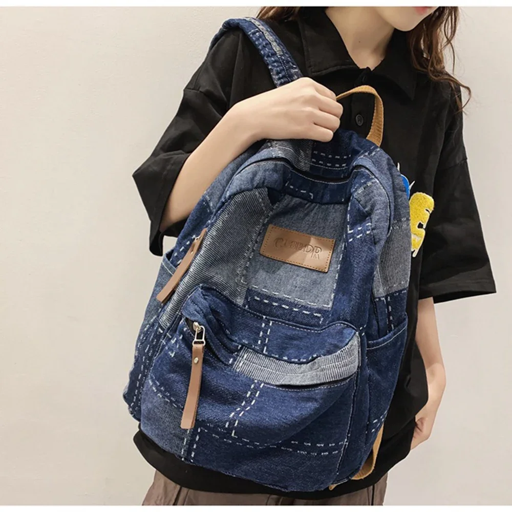 Tas punggung Denim wanita, ransel berpergian kapasitas besar kasual Retro