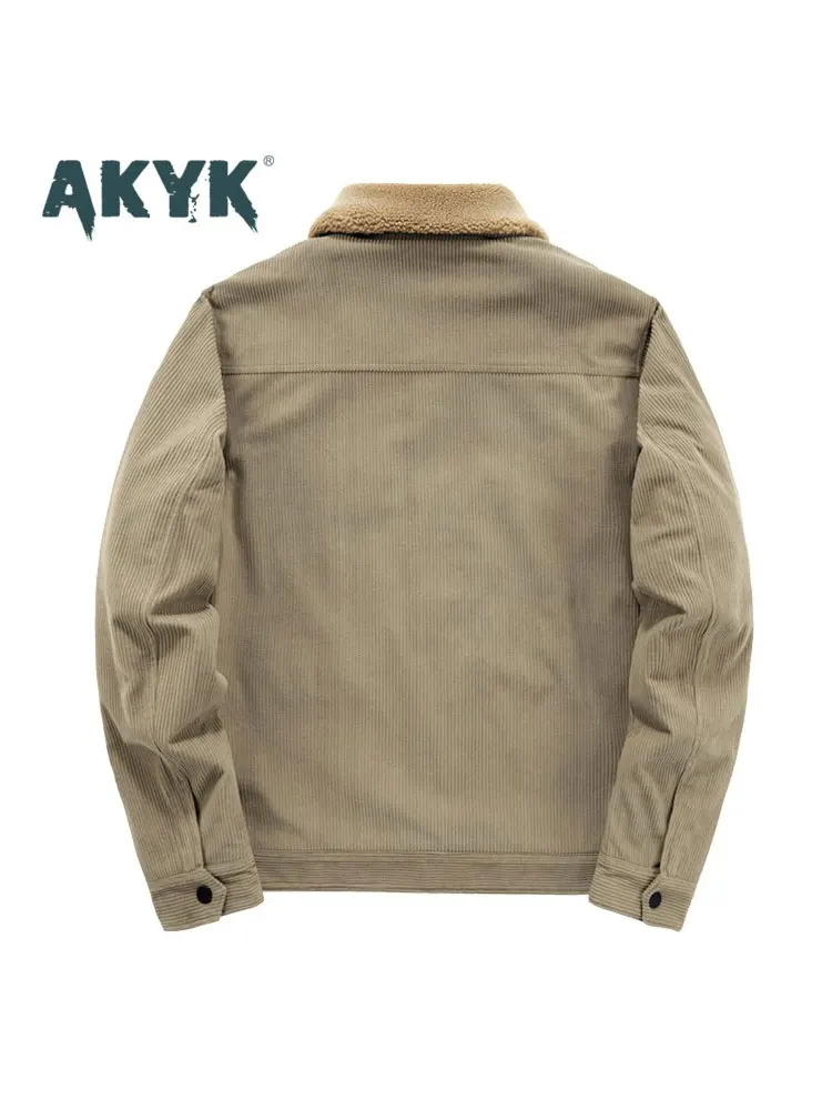 AK Men's Thickened Corduroy Jacket with Fleece  And Lamb Fur Collar Large Size Workwear Style Fashion Urban Casual Coat