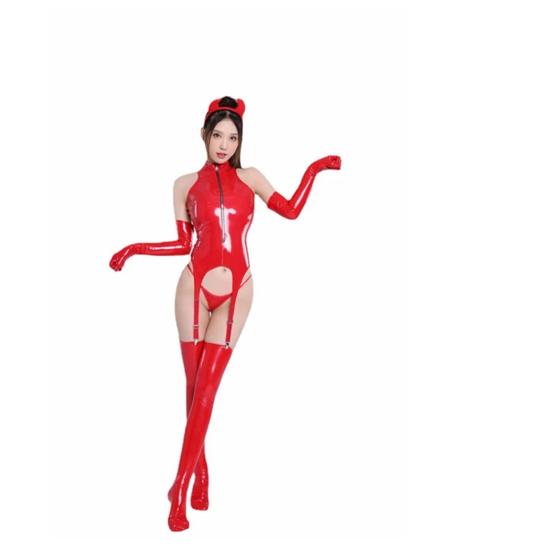 Sexy Lingerie Bodysuits Women Latex Leather Hot Erotic Bodysuit with Gloves Socks Headwear Mistress Sex Christmas Costumes Teddy