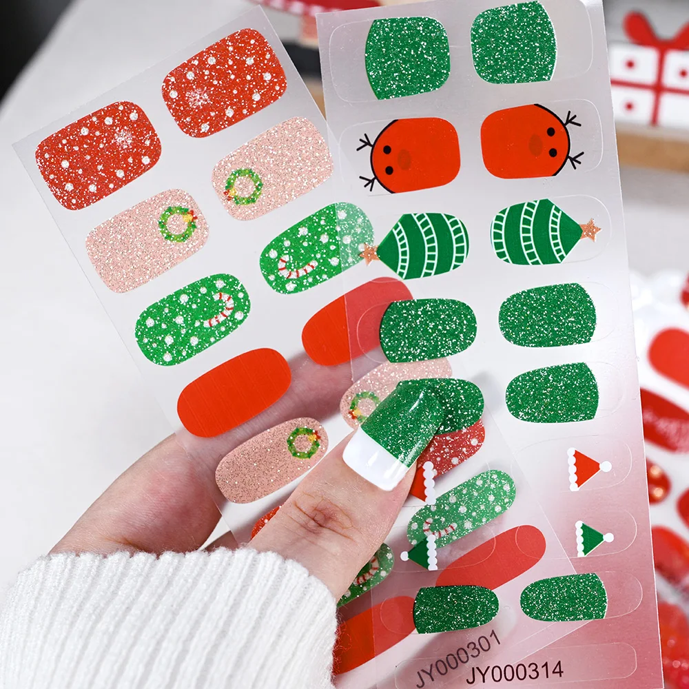 2 Blatt (32 Spitzen) backfreie Glitzer-Weihnachts-Nagelaufkleber, Farbverlauf, Rouge, Elch, Schneeflocken, Weihnachtsbaum, Gel-Nagelaufkleber, DIY-Nagelverpackung