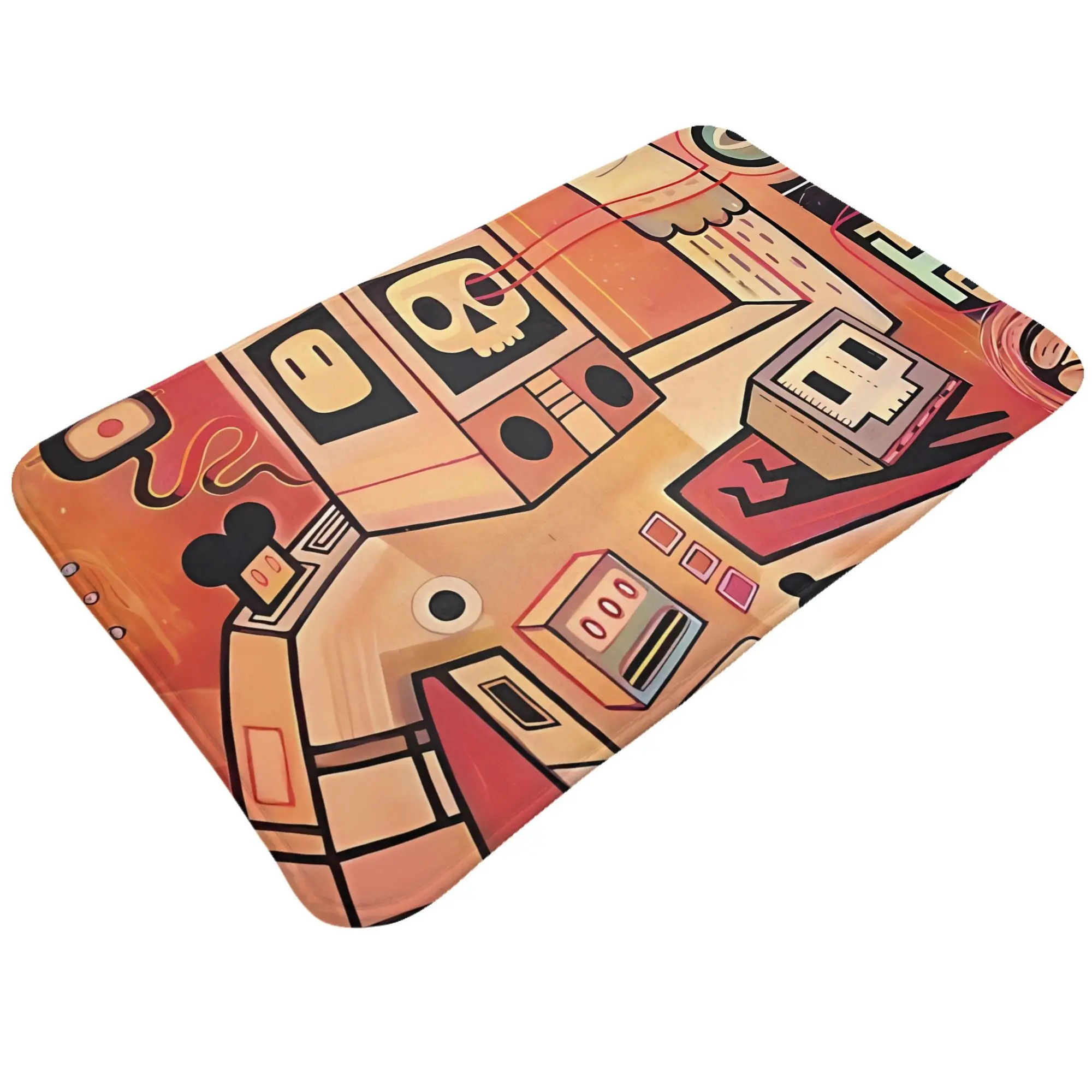 Retro Robot Doormat – Non-Slip Flannel with Skull Screens and Circuit Motifs on Orange, Entryway Kitchen Bathroom Living Room