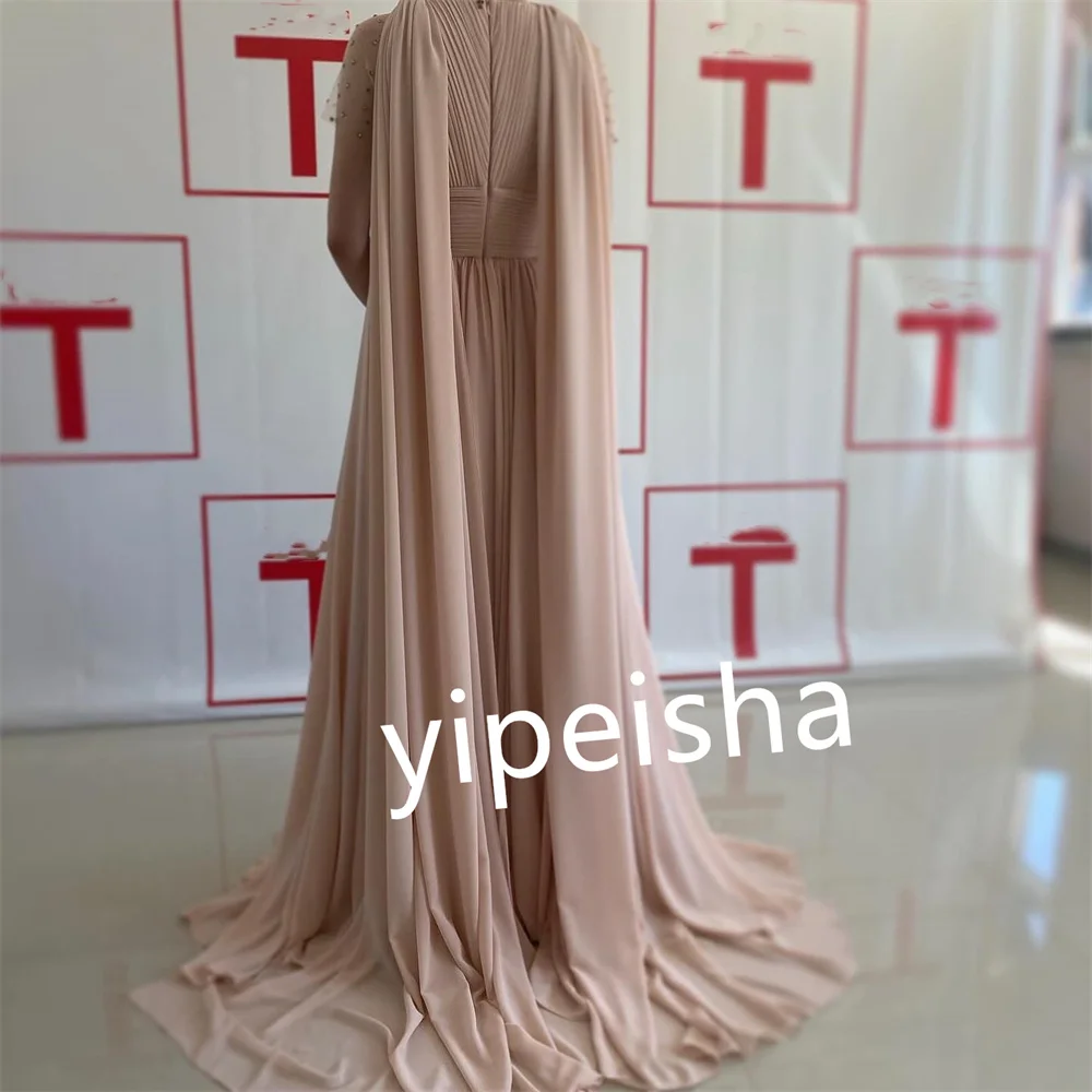 Chiffon Draped Pleat Beading Valentine's Day A-line High Collar Bespoke Occasion Gown Long Dresses