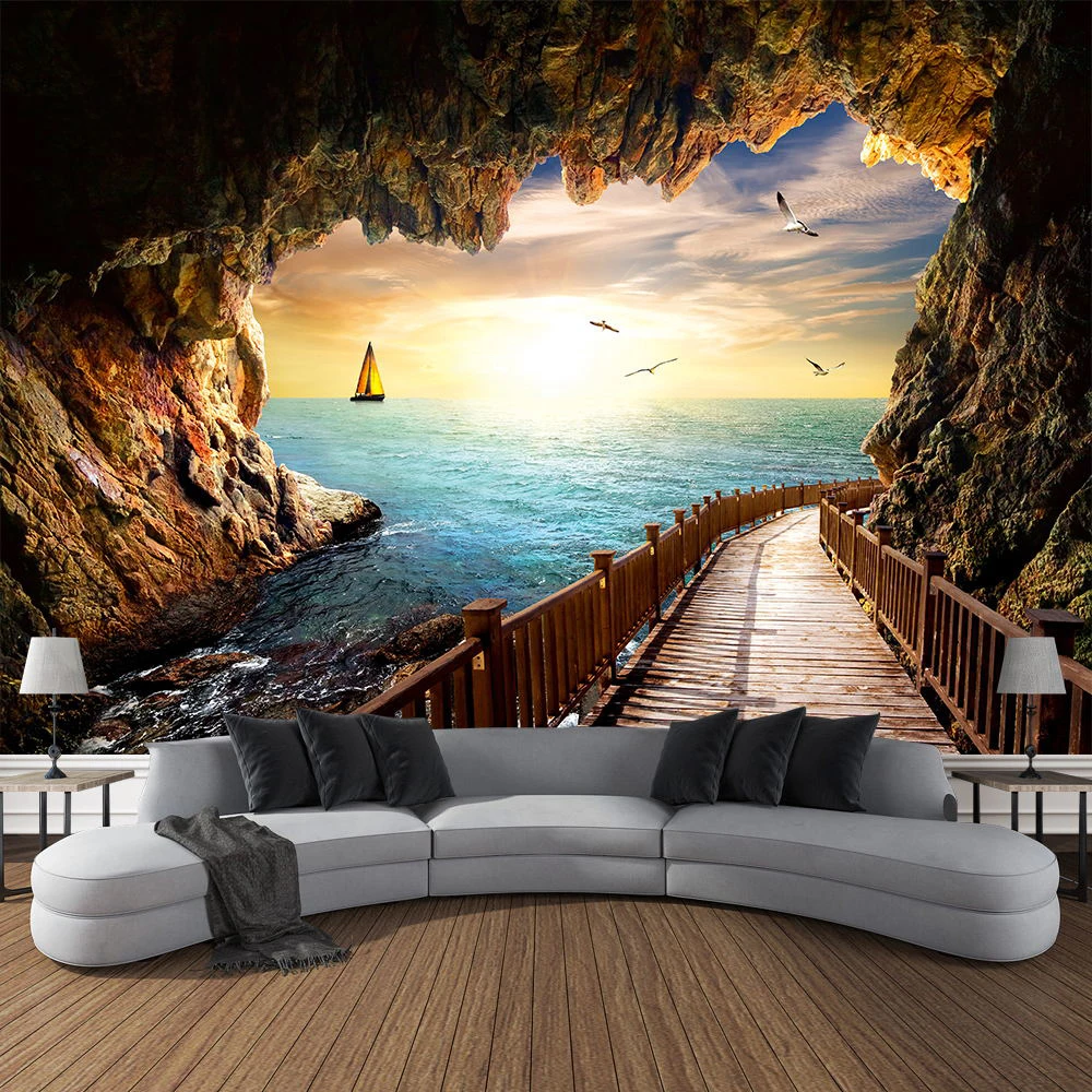 Sea Beach Scenery Wall Hanging Tapestry Mountain Cave Sea View Arch Window Bedroom Living Room Home Decoration Dorm Tapestry