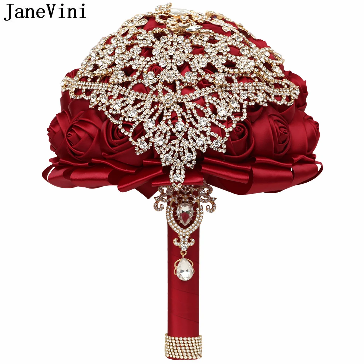 

JaneVini Burgundy Flowers Wedding Bouquet for Bride Shiny Crystals Rhinestones Bridal Bouquets Artificial Rose Bead Accessories