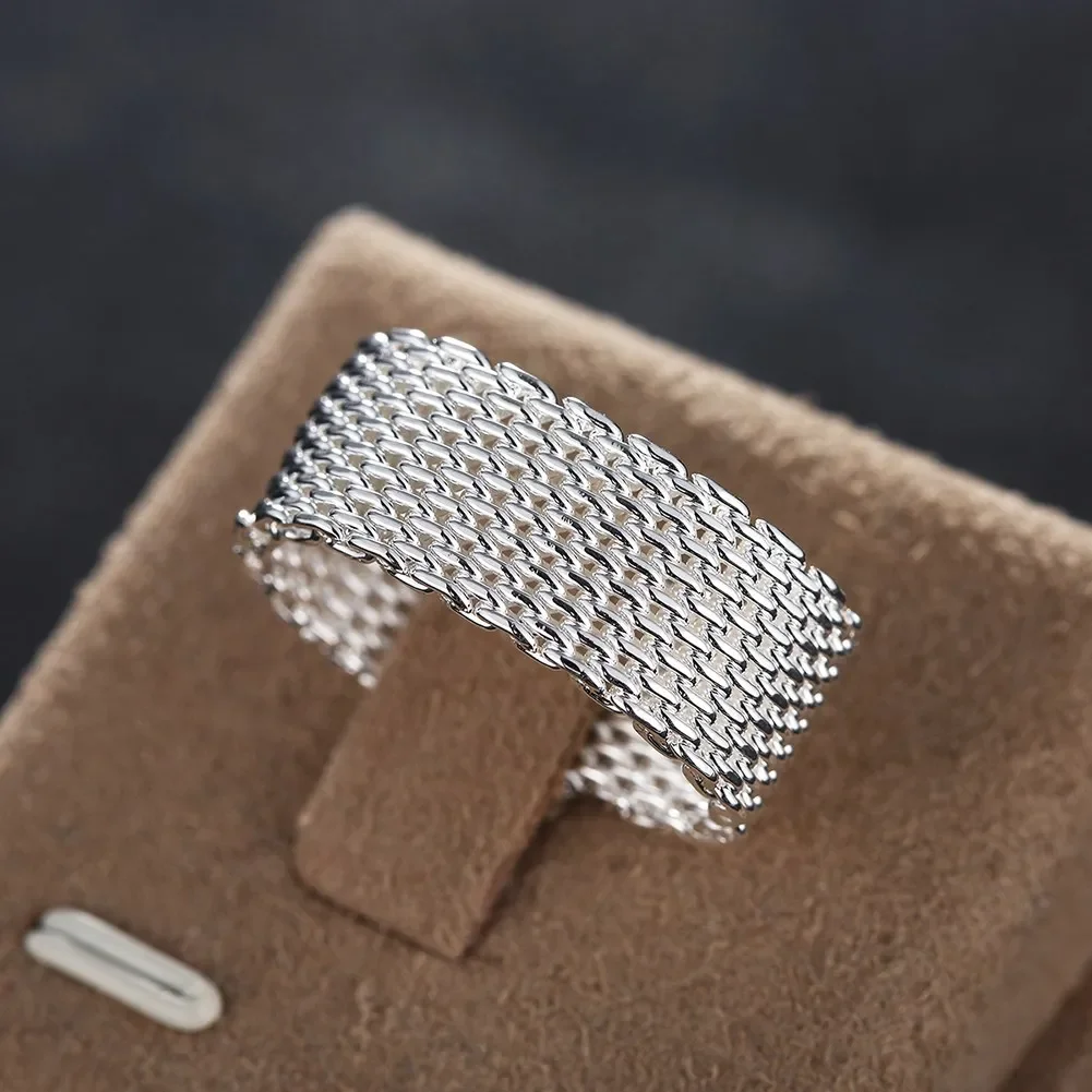 Retro 925 Sterling Silver Woven Mesh pendant necklace earrings bangle rings jewelry set for women fashion Hip-hop accessories view 3