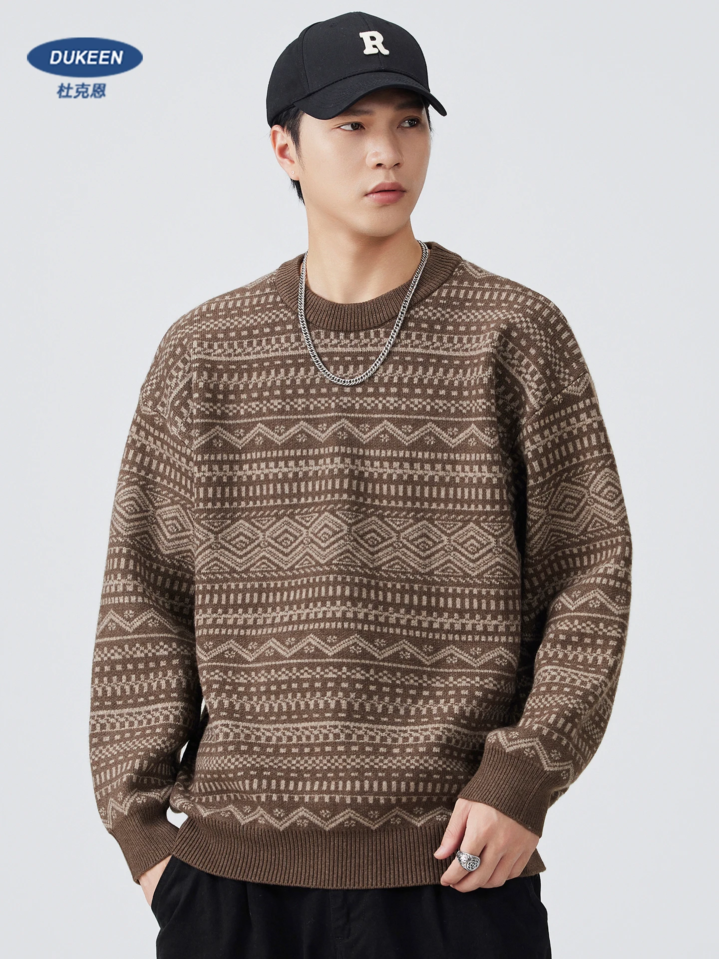 

DUKEEN Men's Heavyweight Fair Isle Knit Sweater 800g Thick Retro Pullover 2025 Fall Winter Casual Relaxed Fit